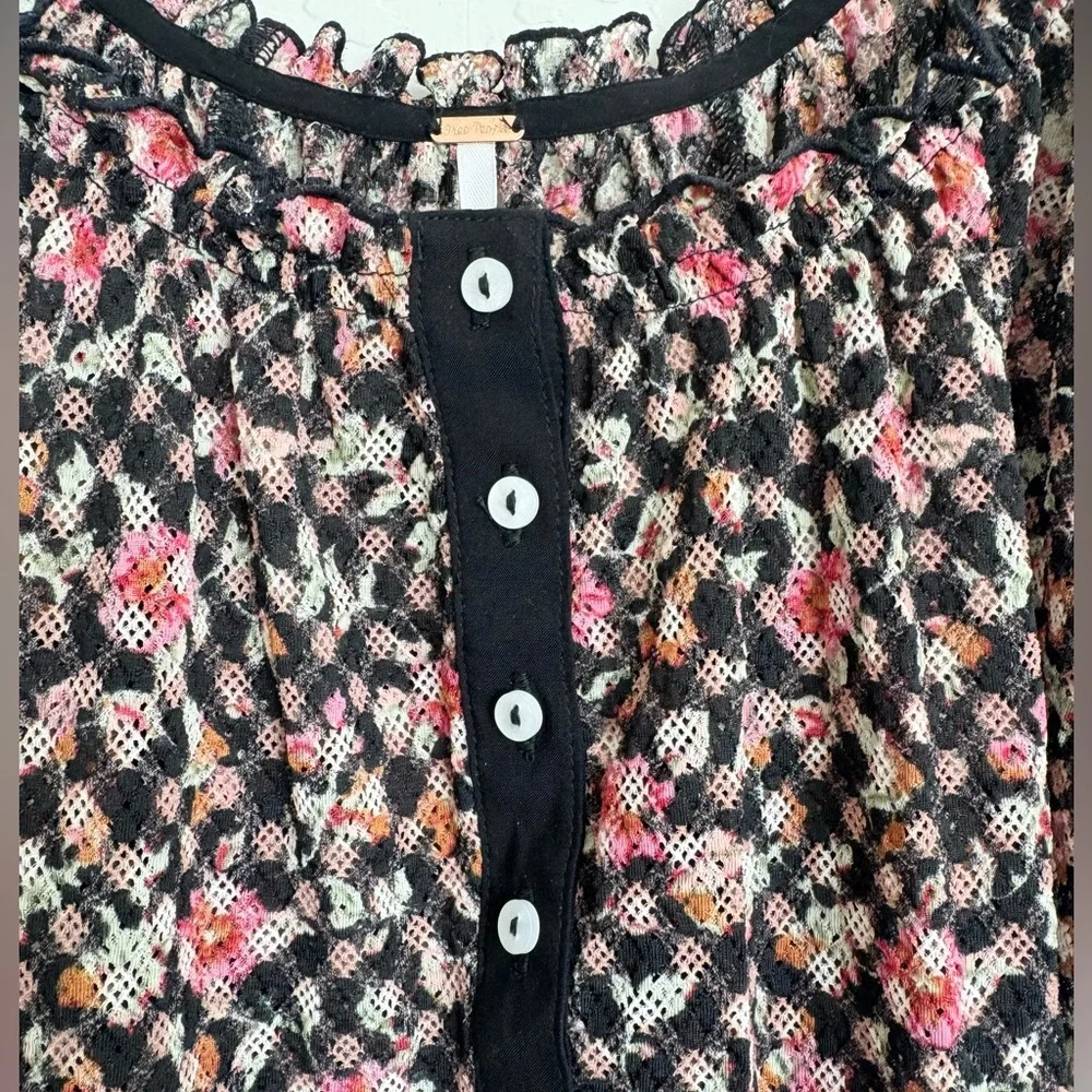 Free People Astra Peasant Top Sheer Black Floral Size Small